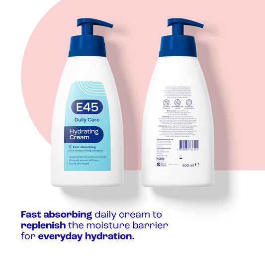 E45 Daily Hydrating Cream 400 Ml for All Skin Types – Long Lasting Moisturisation - Non-Greasy Moisturiser and Fast Absorption - Perfume-Free Body Face Hand Cream - Dermatologically Tested