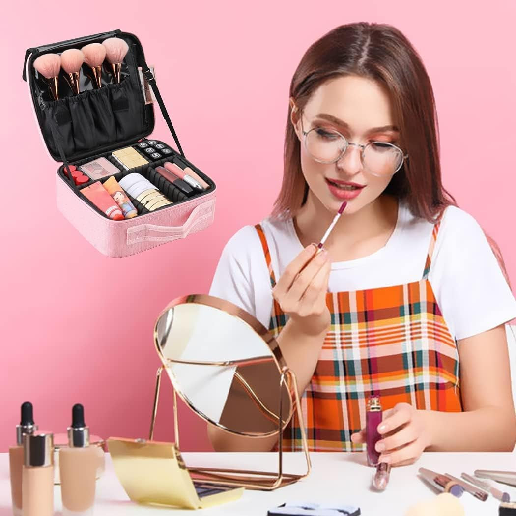 Travel Makeup Organiser Bag, Pink Makeup Bag Professional Cosmetic Case Beauty Train Case Waterproof with Adjustable Compartments