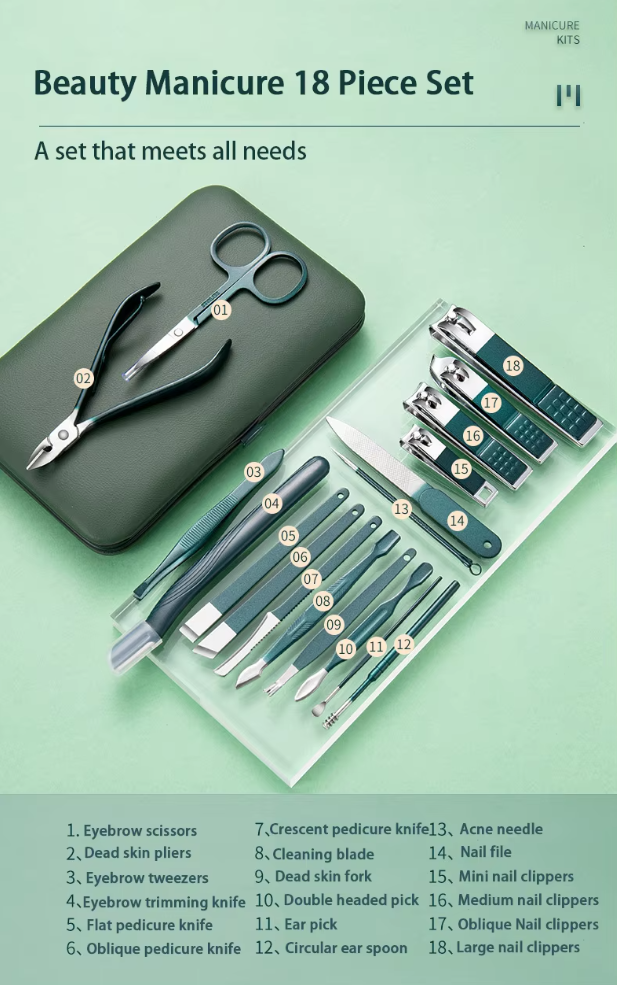 18-in-1 Stainless Steel Manicure Pedicure Kit with Travel Case ( 7/10/12/18 sets)