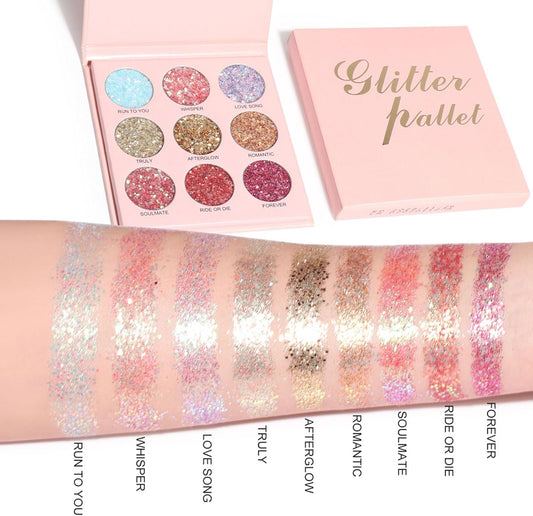 9 Colors Glitter Eyeshadow Palette, Diamond Shine Pressed Pigmented Metallic Shimmery Sparkly Eye Shadow Palette, Long Lasting Waterproof Eye Shadow for Party