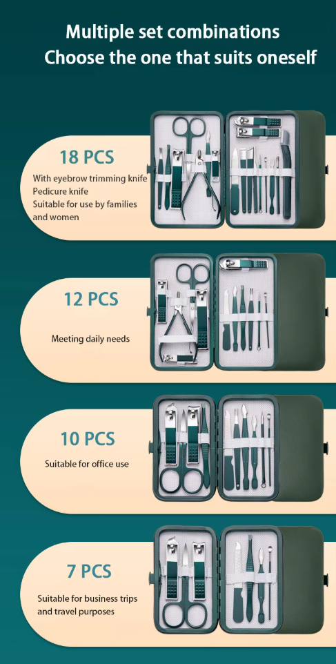 18-in-1 Stainless Steel Manicure Pedicure Kit with Travel Case ( 7/10/12/18 sets)