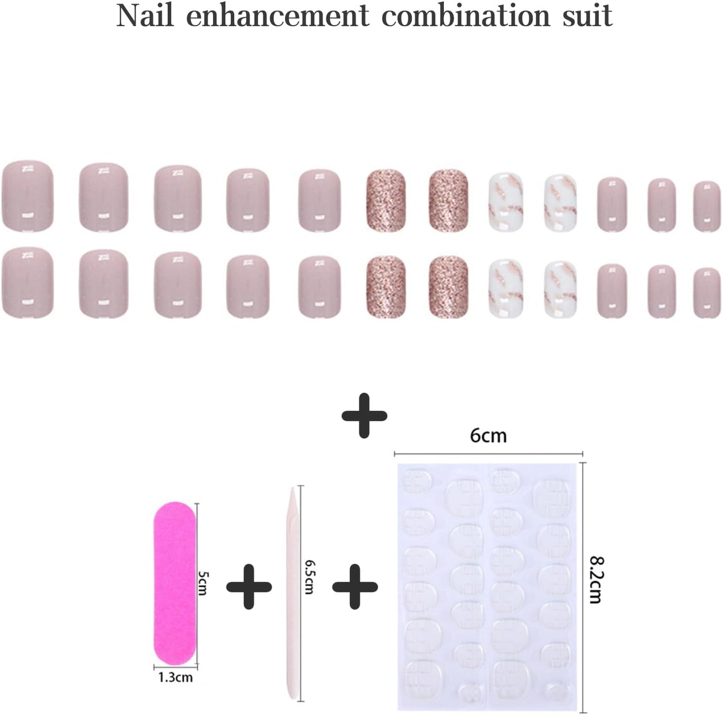 24Pcs Short False Nails Glitter Pink Stick on Nails White Marble Press on Nails Removable Glue-On Nails Fake Nails Acrylic Full Cover Nails Women Girls Nail Art Accessories