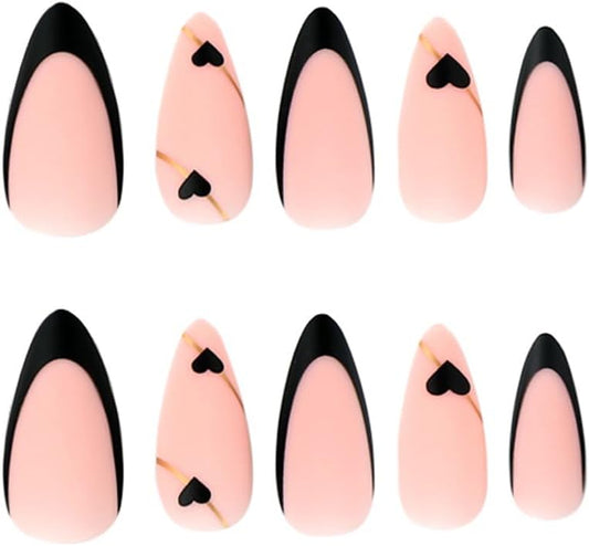 24Pcs Short Almond False Nails French Tip, Matte Pink Stick on Nails Black Heart French Press on Nails Removable Glue-On Nails Fake Nails Women Girls Nail Art Accessories