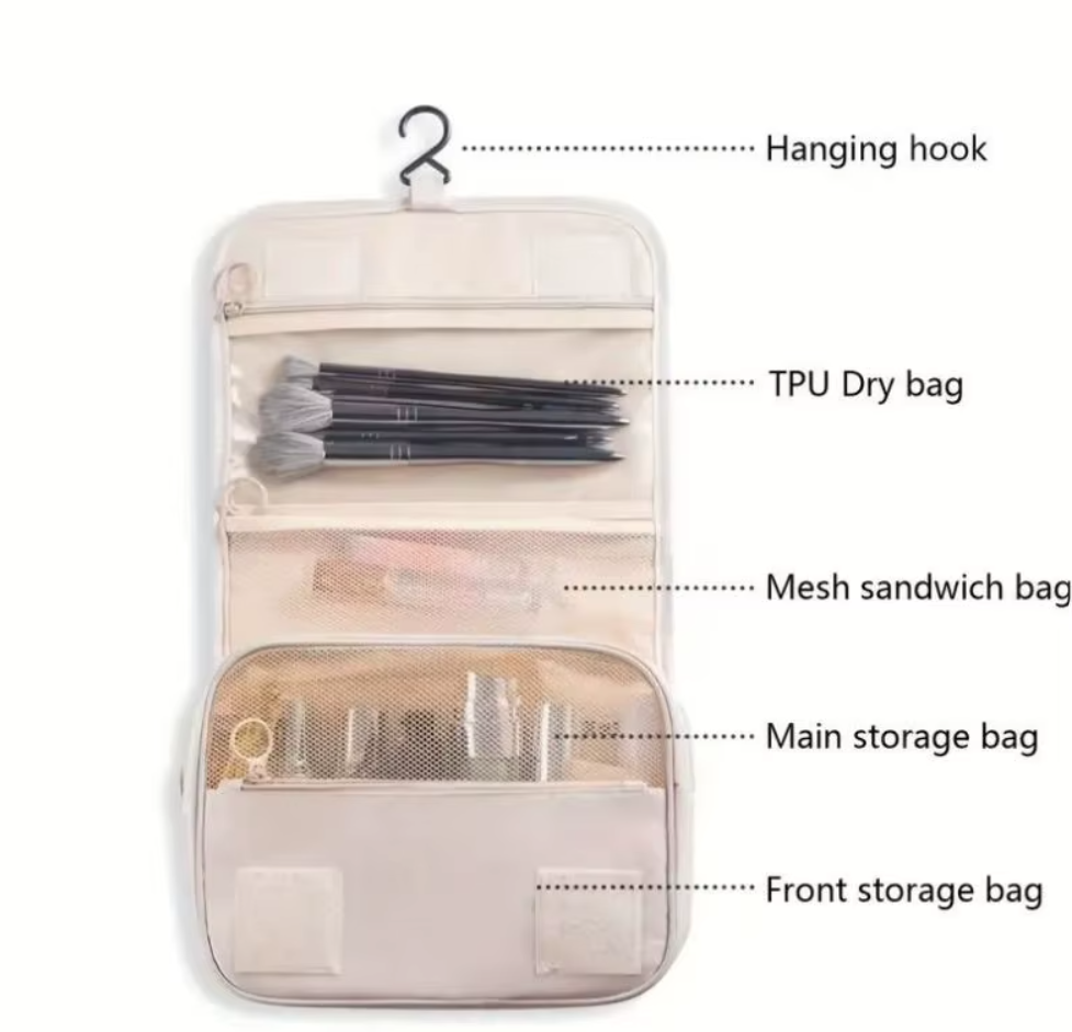 Portable Waterproof Hanging Toiletry Bag for Travel – Multi-Compartment Storage for Makeup, Cosmetics & Essentials