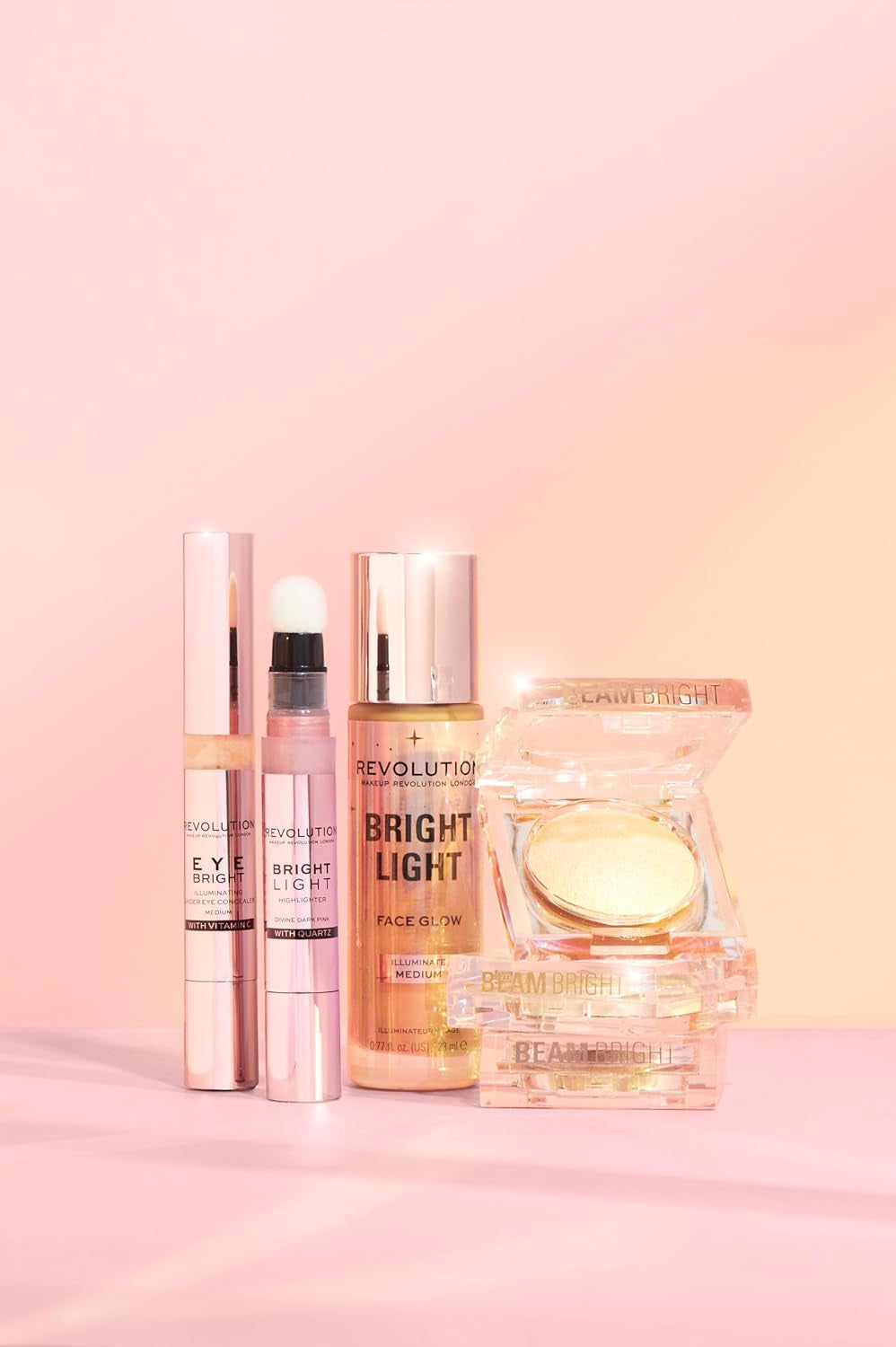 Makeup Revolution Beam Bright Highlighter, All over Face Glow, Powder to Liquid Formula, 5 Different Shades, Rose Lustre