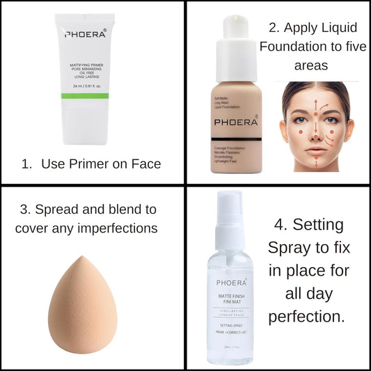 4 Piece Full Coverage Foundation Makeup Set - Pore Minimising Primer, Full Coverage Foundation, Matte Finish Setting Spray and Blending Make-Up Sponge (105 - Sand, 30Ml)