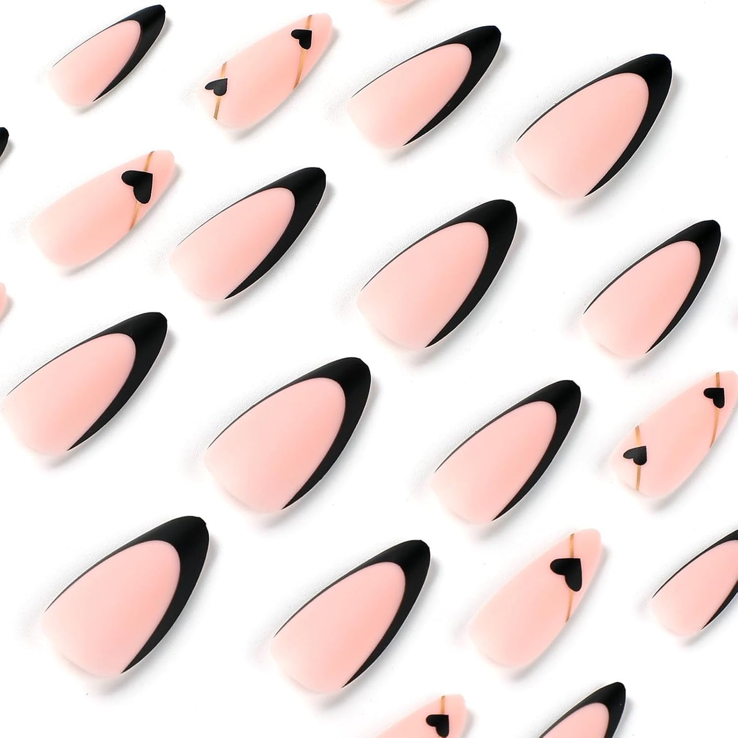 24Pcs Short Almond False Nails French Tip, Matte Pink Stick on Nails Black Heart French Press on Nails Removable Glue-On Nails Fake Nails Women Girls Nail Art Accessories