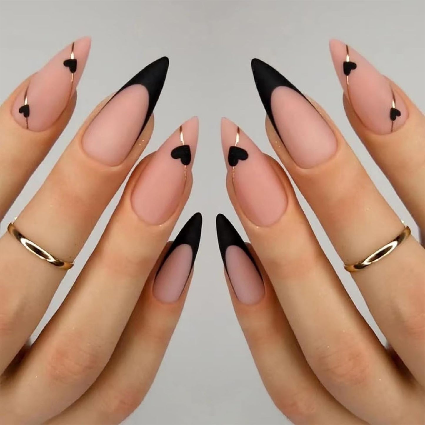 24Pcs Short Almond False Nails French Tip, Matte Pink Stick on Nails Black Heart French Press on Nails Removable Glue-On Nails Fake Nails Women Girls Nail Art Accessories