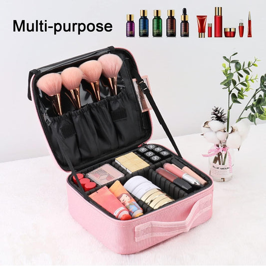 Travel Makeup Organiser Bag, Pink Makeup Bag Professional Cosmetic Case Beauty Train Case Waterproof with Adjustable Compartments