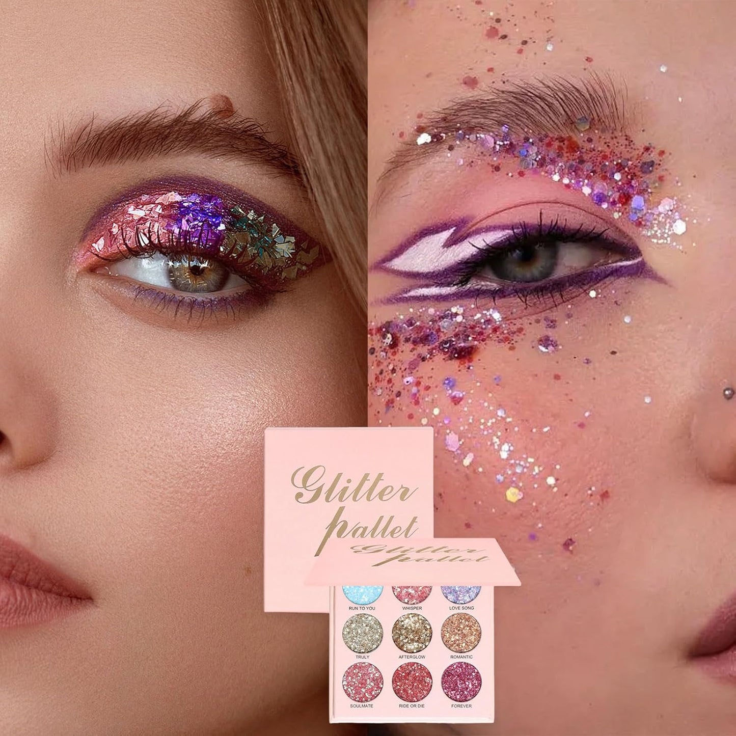 9 Colors Glitter Eyeshadow Palette, Diamond Shine Pressed Pigmented Metallic Shimmery Sparkly Eye Shadow Palette, Long Lasting Waterproof Eye Shadow for Party