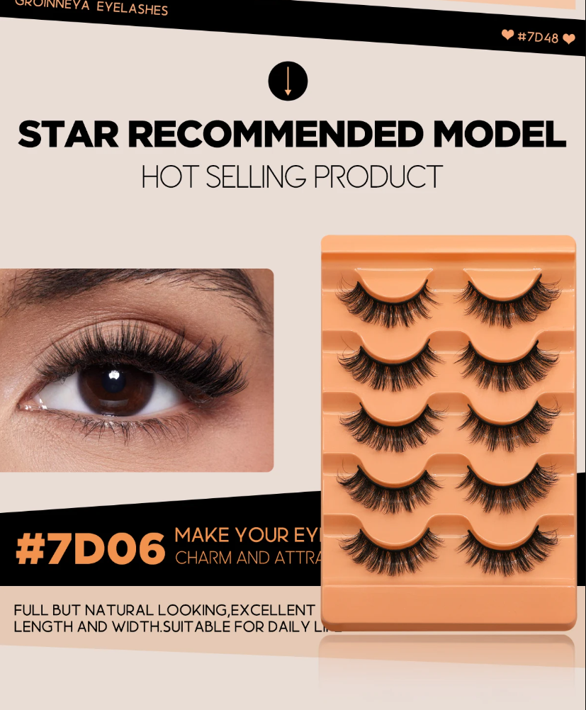 Groinneya 5 Pairs Mink Fluffy Eyelashes – 8D Russian Strip Lashes Extensions, Thick, Soft & Curly Handmade False Lashes