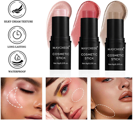 3PCS Contour Highlighter Blush Sticks - Natural Blush Contour and Highlighter Set - Bronzer Contour Sculpt the Face - Non-Greasy Waterproof Long-Lasting Effect Face Makeup