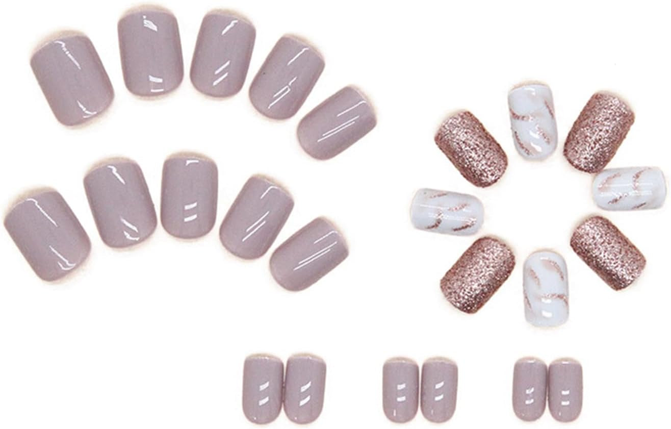 24Pcs Short False Nails Glitter Pink Stick on Nails White Marble Press on Nails Removable Glue-On Nails Fake Nails Acrylic Full Cover Nails Women Girls Nail Art Accessories