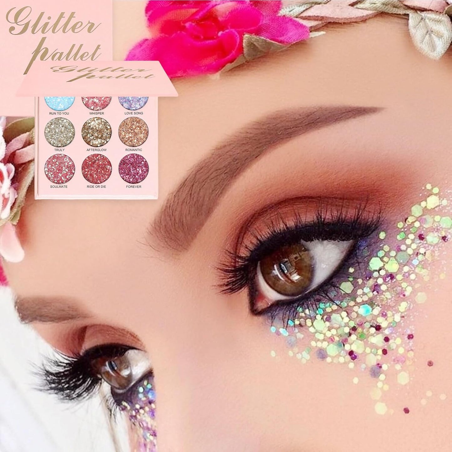 9 Colors Glitter Eyeshadow Palette, Diamond Shine Pressed Pigmented Metallic Shimmery Sparkly Eye Shadow Palette, Long Lasting Waterproof Eye Shadow for Party