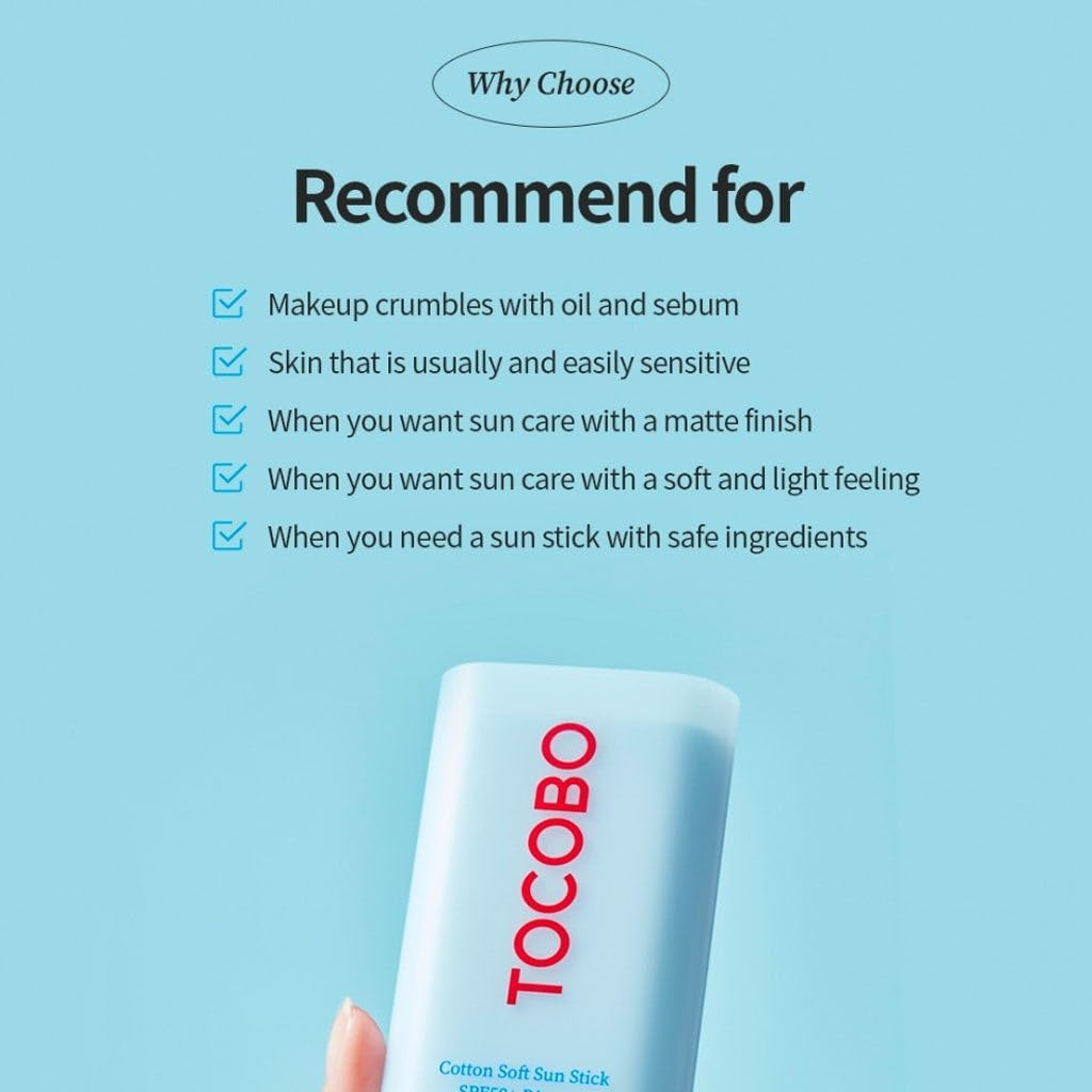 TOCOBO Cotton Soft Sun Stick SPF50+ PA++++ – Vegan Matte Sunscreen for Oily, Acne-Prone & Sensitive Skin