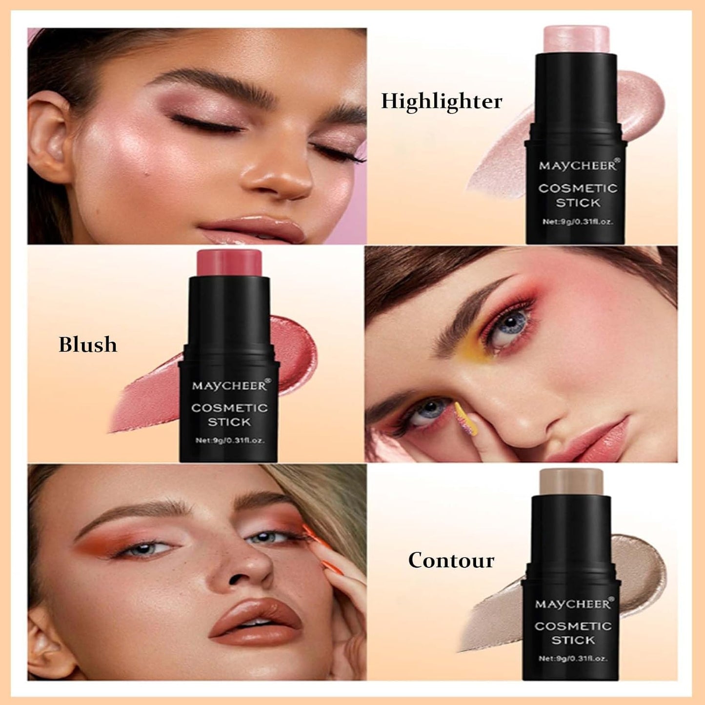 3PCS Contour Highlighter Blush Sticks - Natural Blush Contour and Highlighter Set - Bronzer Contour Sculpt the Face - Non-Greasy Waterproof Long-Lasting Effect Face Makeup