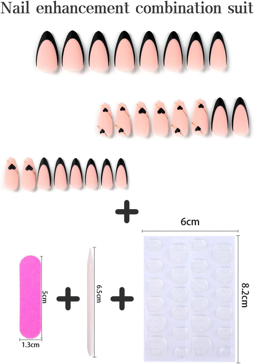 24Pcs Short Almond False Nails French Tip, Matte Pink Stick on Nails Black Heart French Press on Nails Removable Glue-On Nails Fake Nails Women Girls Nail Art Accessories