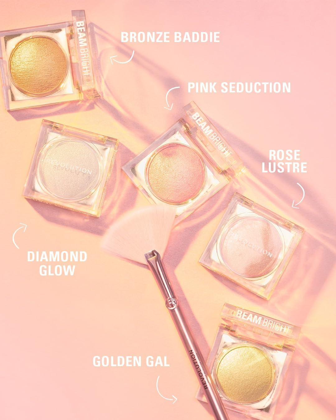 Makeup Revolution Beam Bright Highlighter, All over Face Glow, Powder to Liquid Formula, 5 Different Shades, Rose Lustre