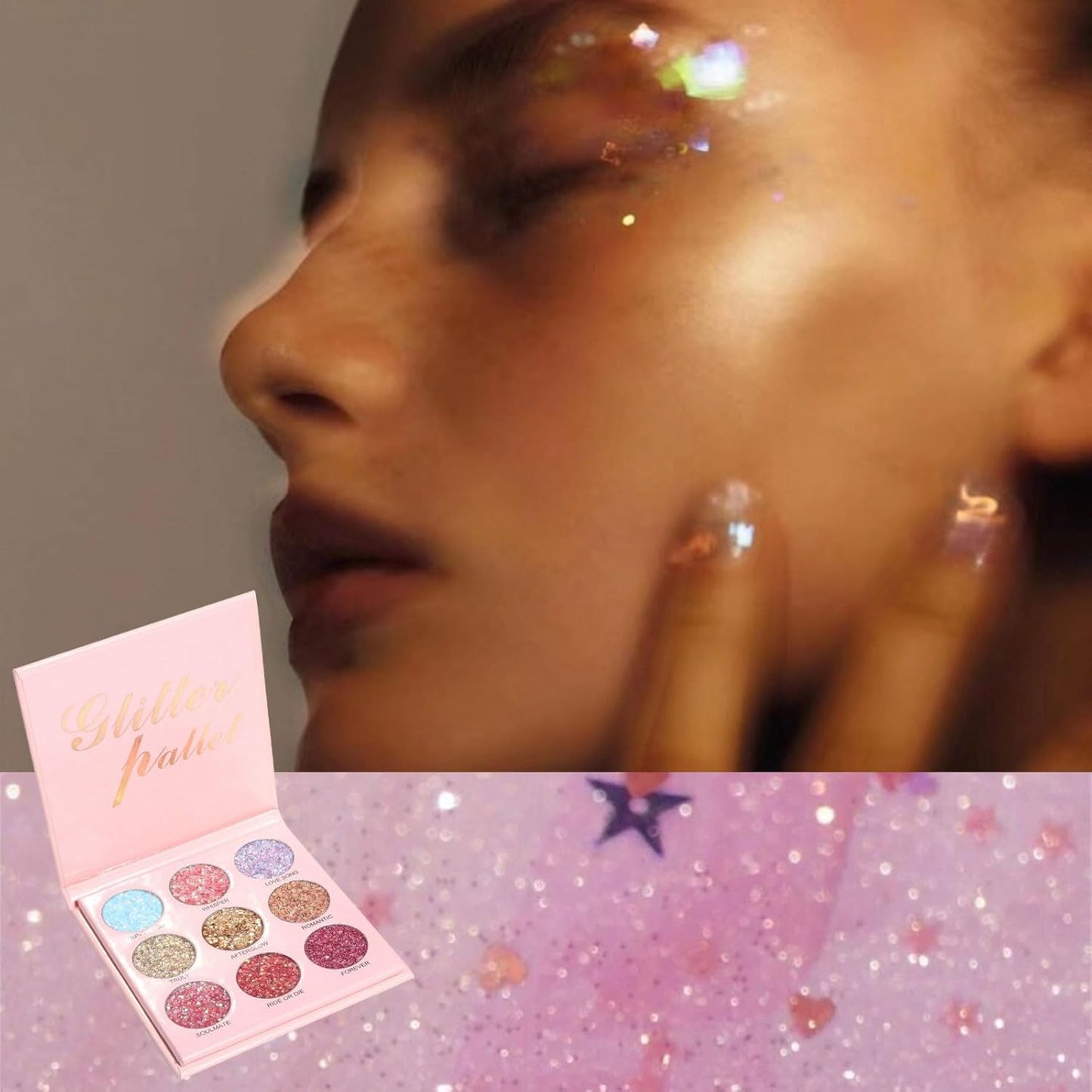 9 Colors Glitter Eyeshadow Palette, Diamond Shine Pressed Pigmented Metallic Shimmery Sparkly Eye Shadow Palette, Long Lasting Waterproof Eye Shadow for Party