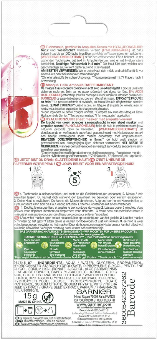 Cloth Mask, Face Mask for First Signs of Skin Ageing, Smoothing, Drinked in Ampoule Serum, Vegan Formula with Hyaluronic Acid and Watermelon Extract, 15 G