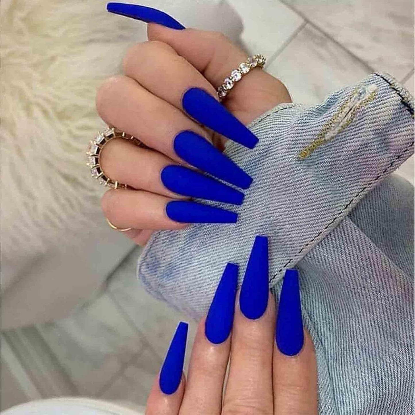 Extra Long Coffin Press on Nails Ballerina Blue Fake Nails Matte French Clip on Nails Punk Luxury Press Nails Art Full Cover Acrylic Nails Artificial Nails for Women and Girls 24Pcs (Blue)