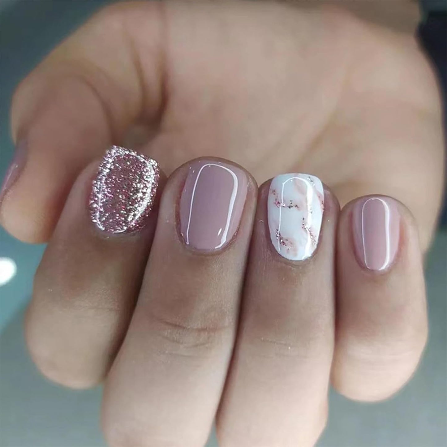 24Pcs Short False Nails Glitter Pink Stick on Nails White Marble Press on Nails Removable Glue-On Nails Fake Nails Acrylic Full Cover Nails Women Girls Nail Art Accessories