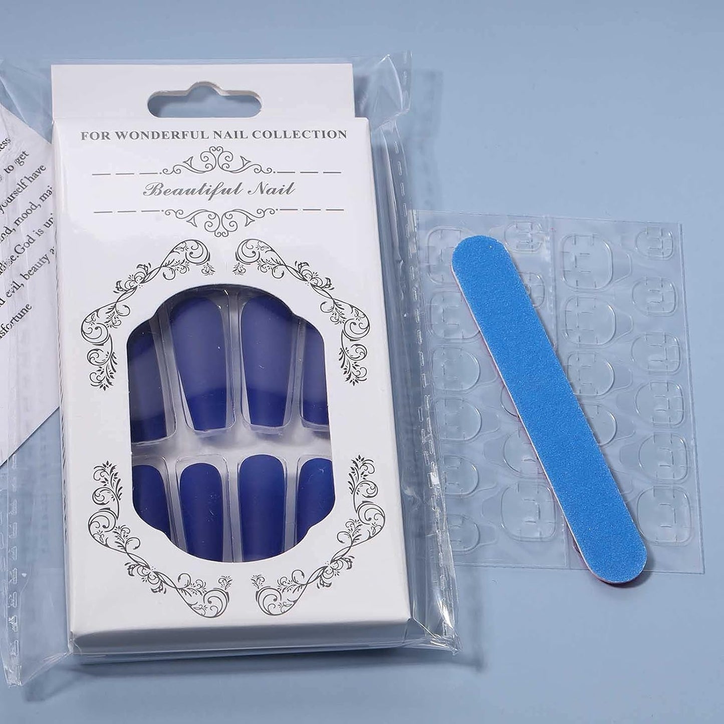 Extra Long Coffin Press on Nails Ballerina Blue Fake Nails Matte French Clip on Nails Punk Luxury Press Nails Art Full Cover Acrylic Nails Artificial Nails for Women and Girls 24Pcs (Blue)