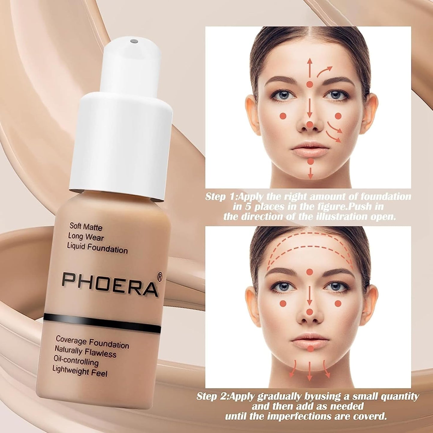 4 Piece Full Coverage Foundation Makeup Set - Pore Minimising Primer, Full Coverage Foundation, Matte Finish Setting Spray and Blending Make-Up Sponge (105 - Sand, 30Ml)