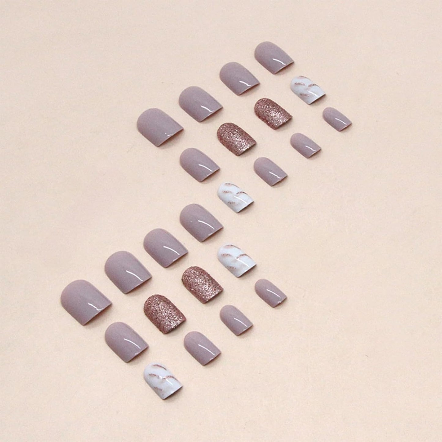 24Pcs Short False Nails Glitter Pink Stick on Nails White Marble Press on Nails Removable Glue-On Nails Fake Nails Acrylic Full Cover Nails Women Girls Nail Art Accessories