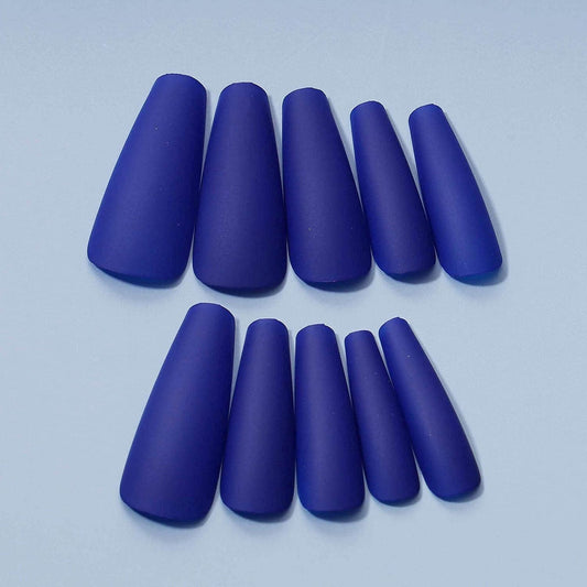 Extra Long Coffin Press on Nails Ballerina Blue Fake Nails Matte French Clip on Nails Punk Luxury Press Nails Art Full Cover Acrylic Nails Artificial Nails for Women and Girls 24Pcs (Blue)