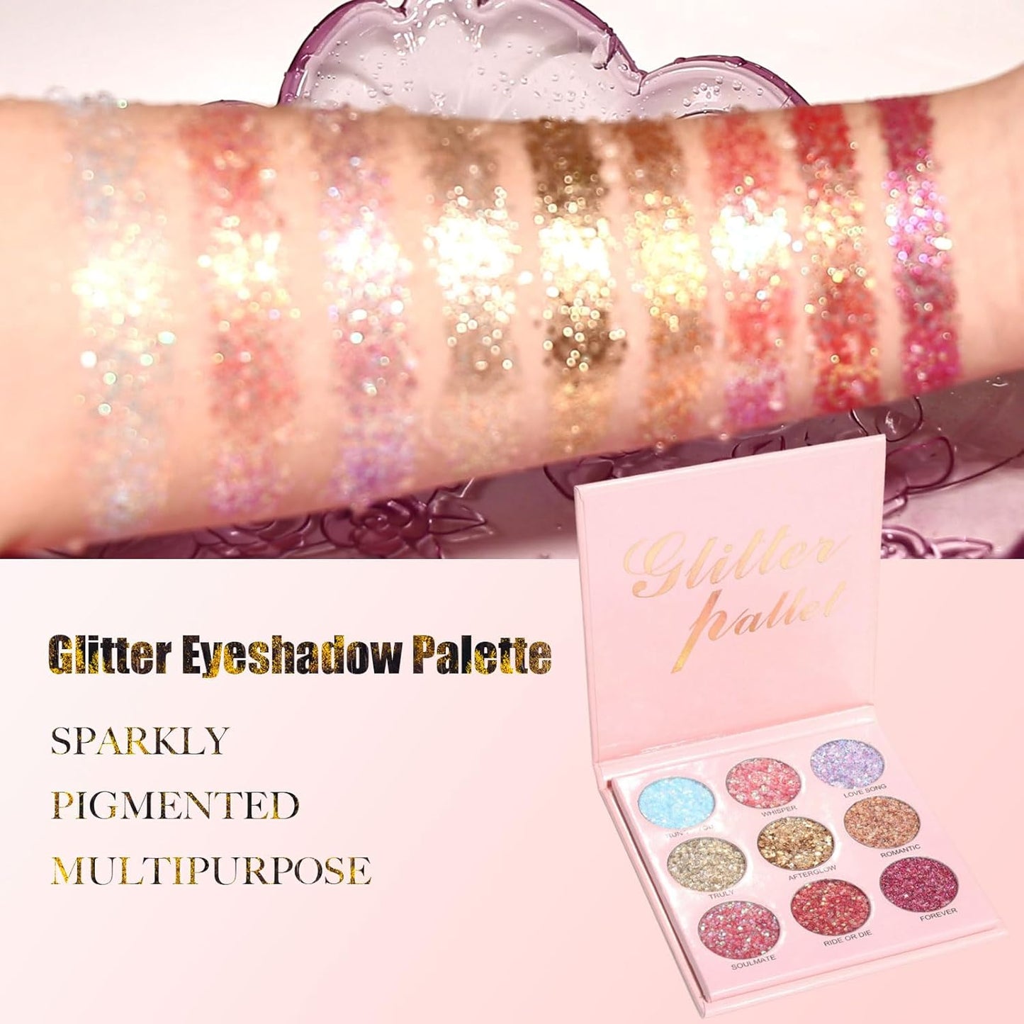 9 Colors Glitter Eyeshadow Palette, Diamond Shine Pressed Pigmented Metallic Shimmery Sparkly Eye Shadow Palette, Long Lasting Waterproof Eye Shadow for Party