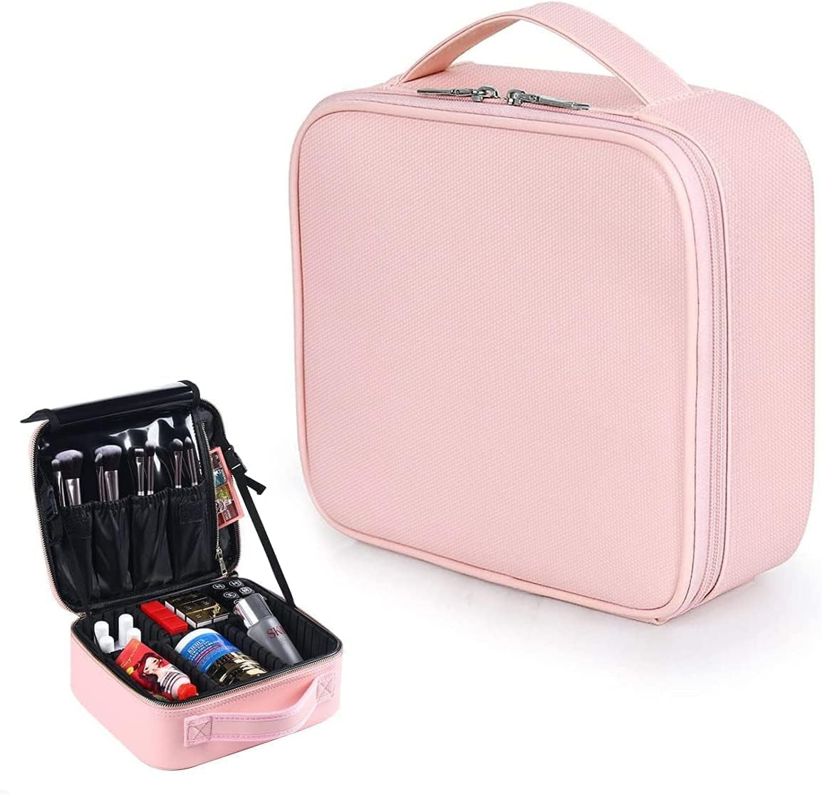 Travel Makeup Organiser Bag, Pink Makeup Bag Professional Cosmetic Case Beauty Train Case Waterproof with Adjustable Compartments
