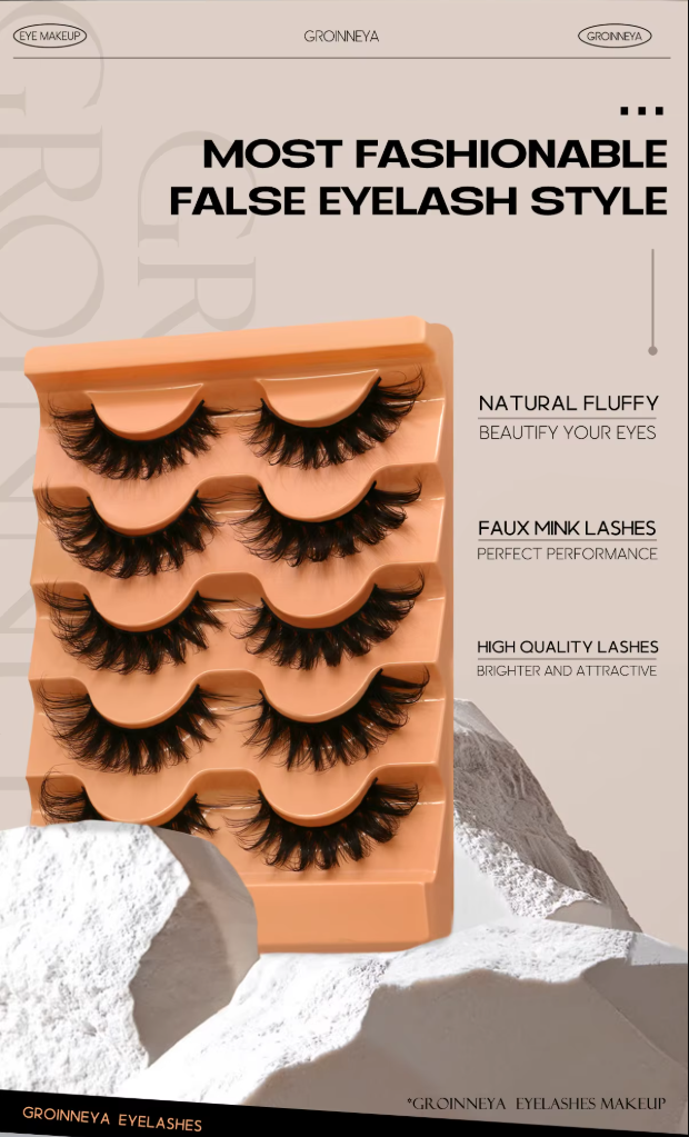 Groinneya 5 Pairs Mink Fluffy Eyelashes – 8D Russian Strip Lashes Extensions, Thick, Soft & Curly Handmade False Lashes