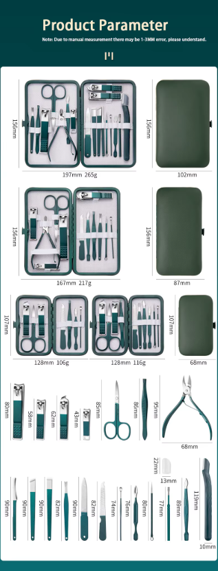 18-in-1 Stainless Steel Manicure Pedicure Kit with Travel Case ( 7/10/12/18 sets)