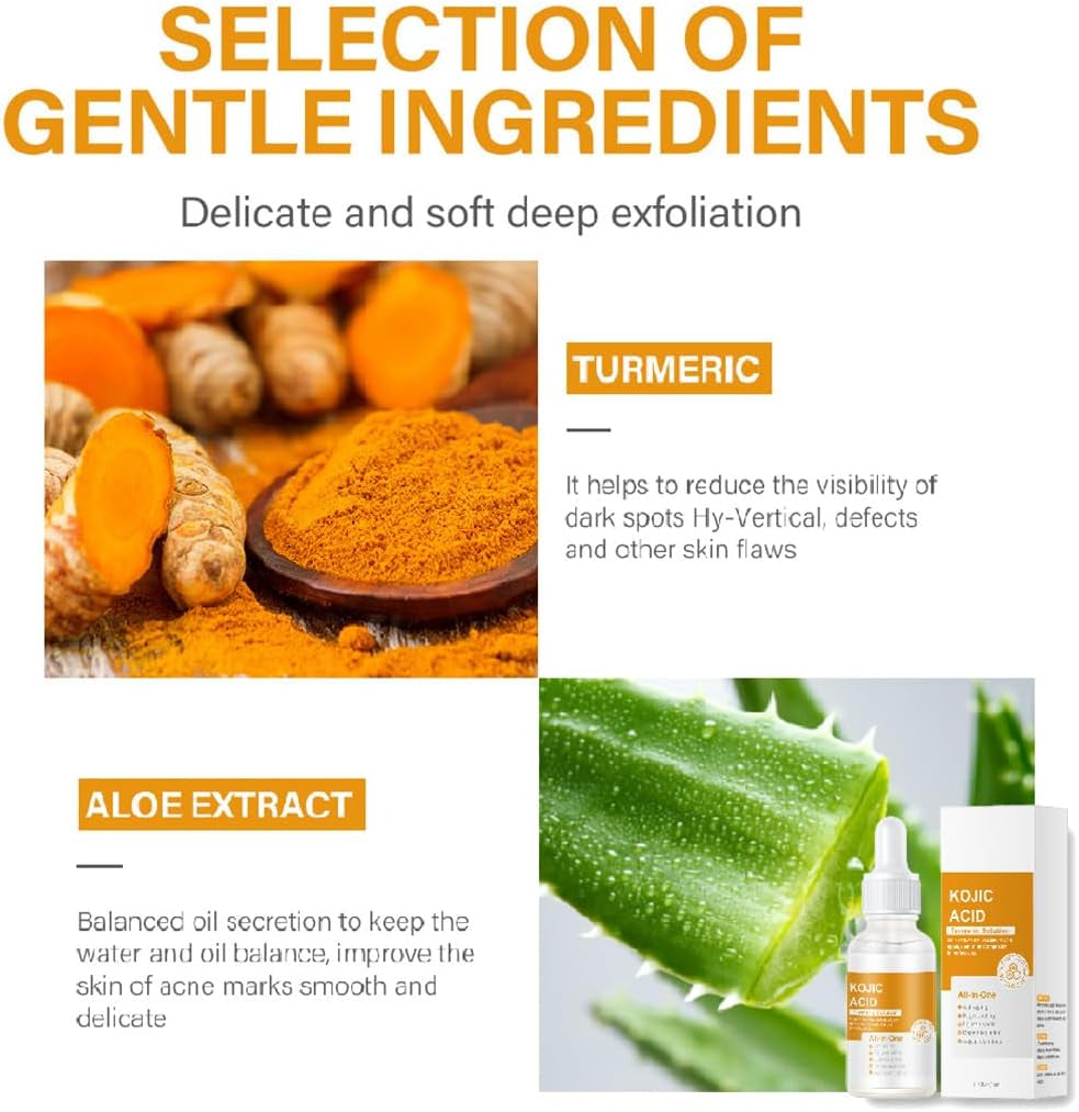 Kojic Acid Turmeric Oil Serum Face, Turmeric Oil Face Serum Enriched with Turmeric, Aloe Vera, Seaweed and Goji Berry Extracts to Illuminate Skin Tone, Anti-Aging, Skincare for Man & Women