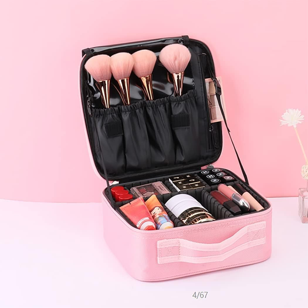 Travel Makeup Organiser Bag, Pink Makeup Bag Professional Cosmetic Case Beauty Train Case Waterproof with Adjustable Compartments