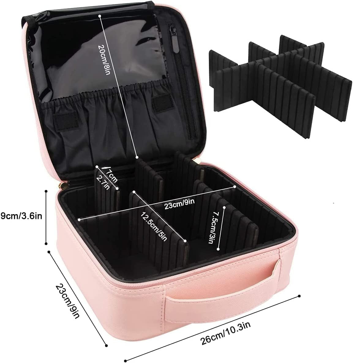 Travel Makeup Organiser Bag, Pink Makeup Bag Professional Cosmetic Case Beauty Train Case Waterproof with Adjustable Compartments