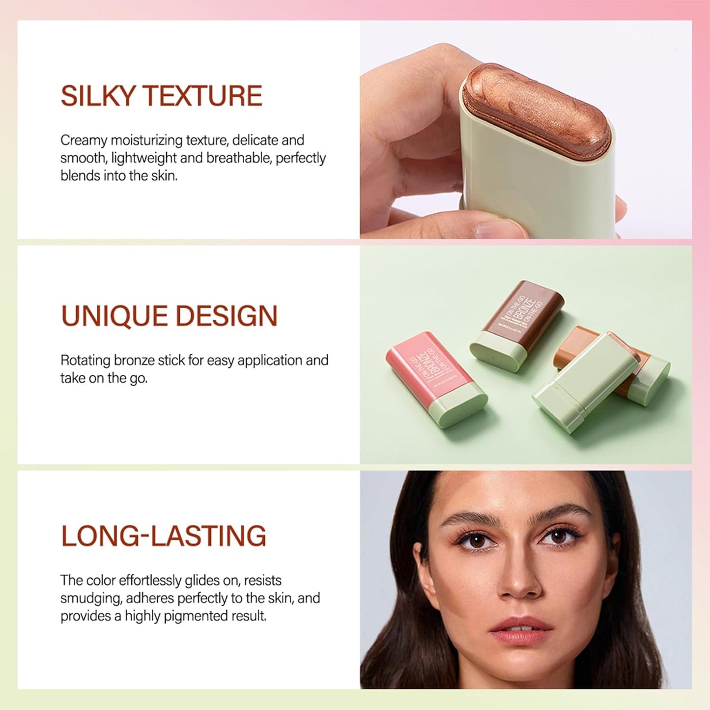 Highlighter Makeup Stick - Waterproof Glitter Cream Highlighter - Bronzer Contour Face Makeup - Long-Lasting 3-In-1 Multi Uses for Face Body Eyeshadow (2#Soft Glow)