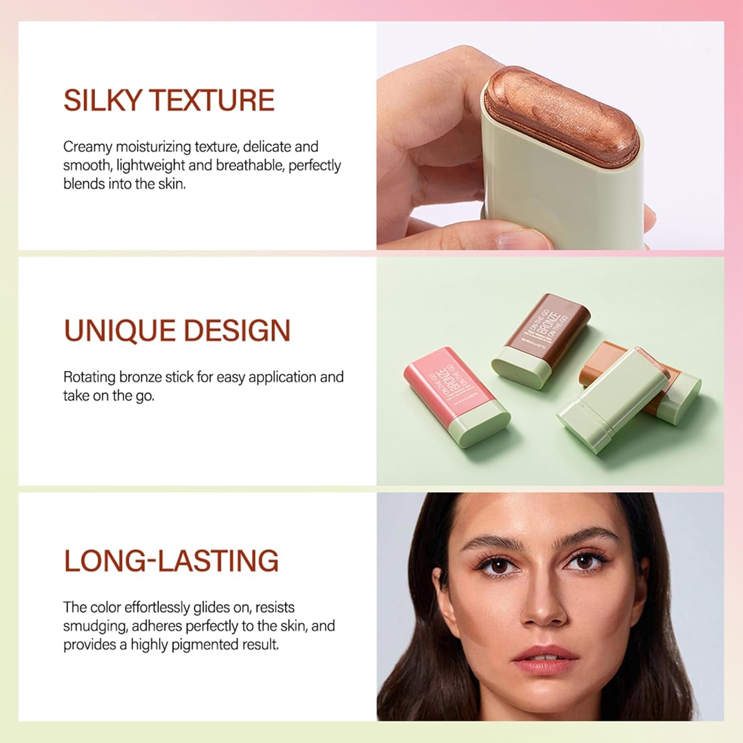 Highlighter Makeup Stick - Waterproof Glitter Cream Highlighter - Bronzer Contour Face Makeup - Long-Lasting 3-In-1 Multi Uses for Face Body Eyeshadow (2#Soft Glow)