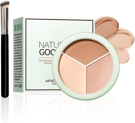 Concealer Full Coverage, Creamy Concealer Makeup Palette, 3 Color Contour Pallet Colour Corrector for Dark Circles, Blemish, Redness, Tattoo, Hydrating Matte Foundation with Fine Brush