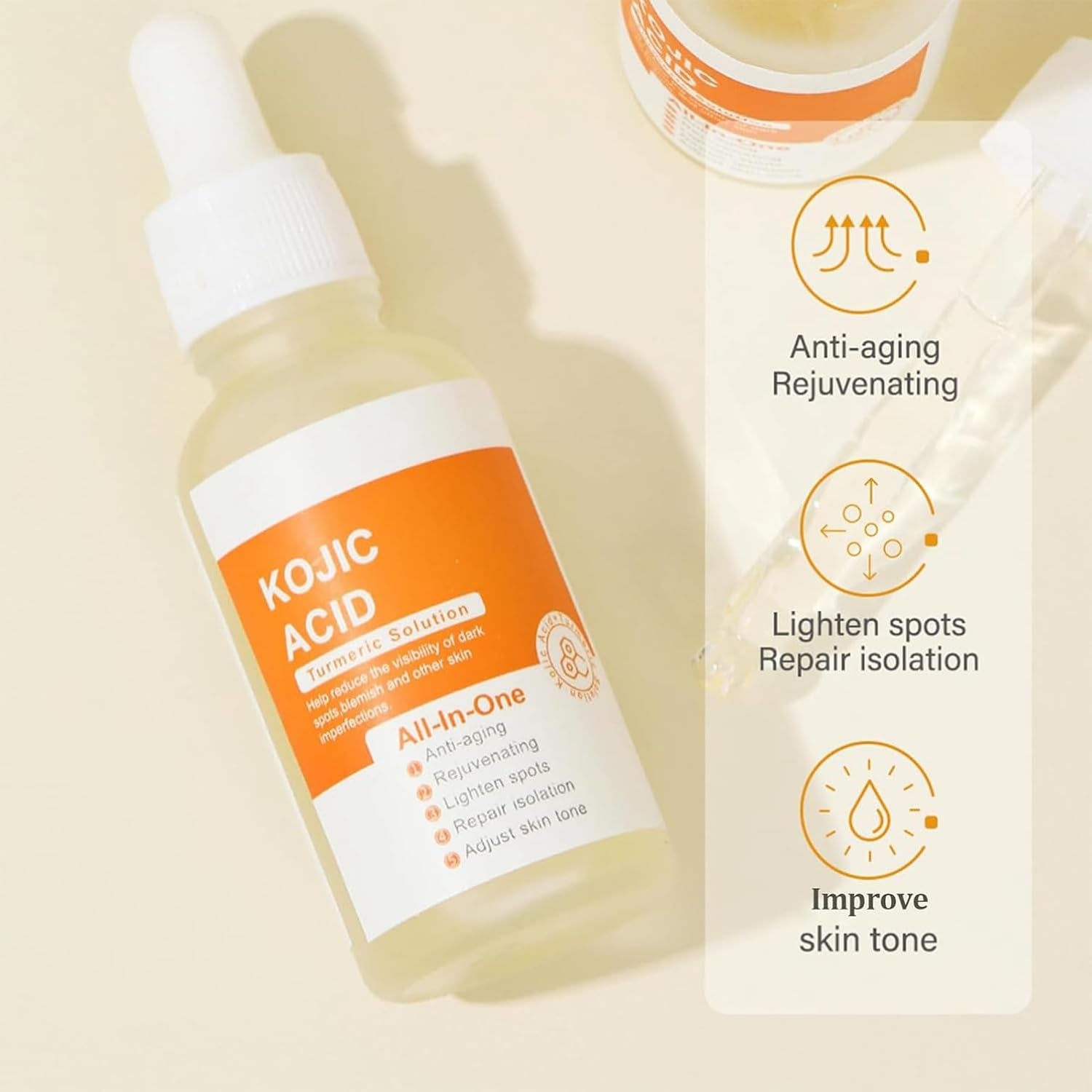 Kojic Acid Turmeric Oil Serum Face, Turmeric Oil Face Serum Enriched with Turmeric, Aloe Vera, Seaweed and Goji Berry Extracts to Illuminate Skin Tone, Anti-Aging, Skincare for Man & Women
