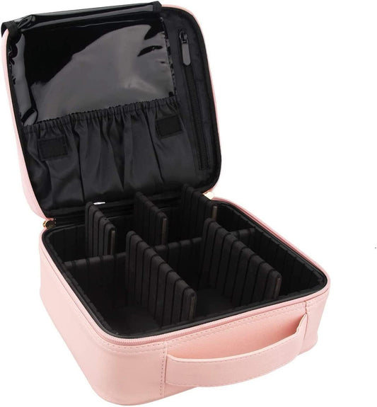 Travel Makeup Organiser Bag, Pink Makeup Bag Professional Cosmetic Case Beauty Train Case Waterproof with Adjustable Compartments