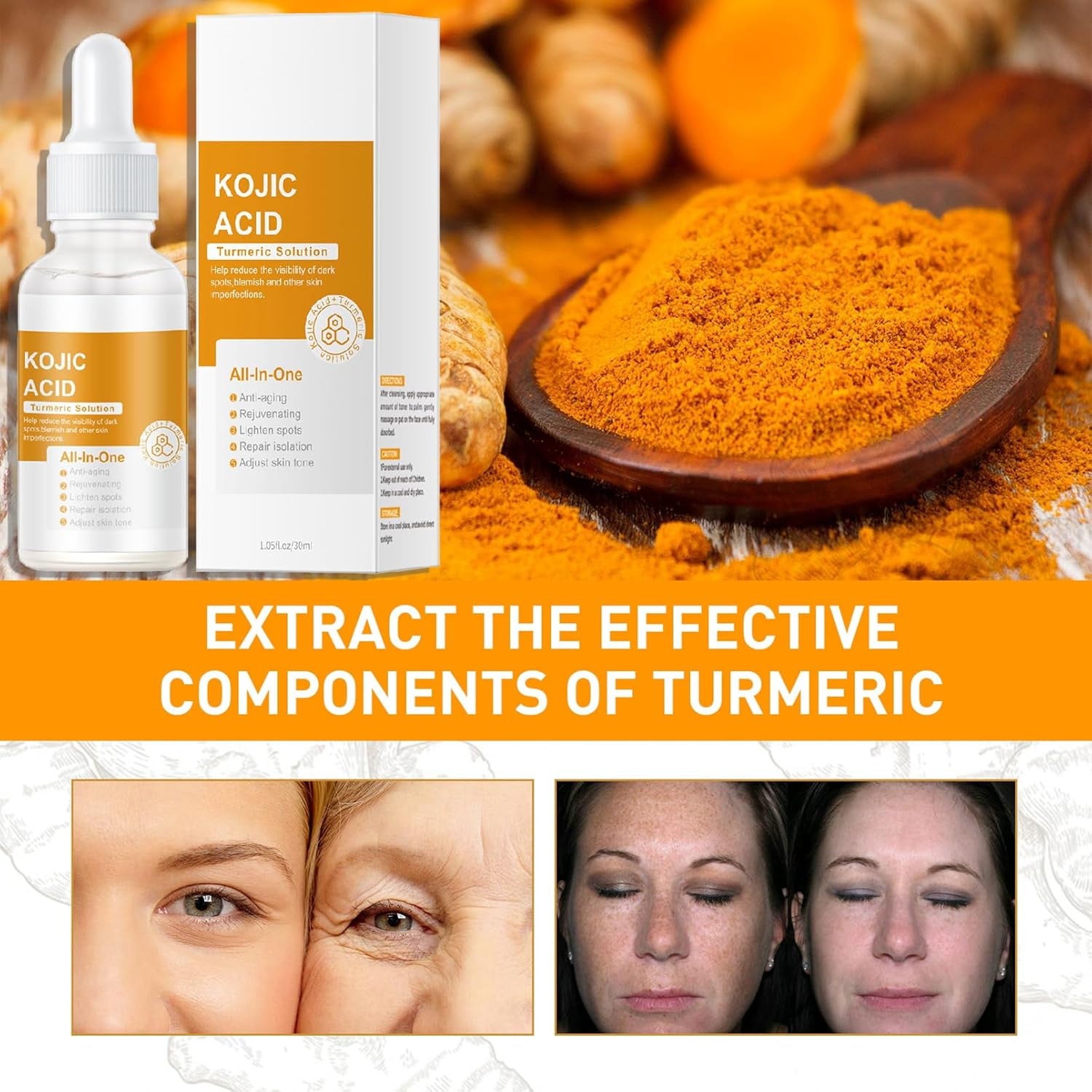 Kojic Acid Turmeric Oil Serum Face, Turmeric Oil Face Serum Enriched with Turmeric, Aloe Vera, Seaweed and Goji Berry Extracts to Illuminate Skin Tone, Anti-Aging, Skincare for Man & Women