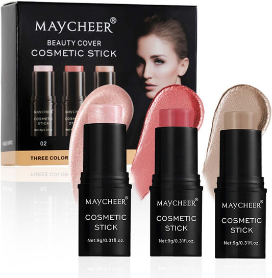 3PCS Contour Highlighter Blush Sticks - Natural Blush Contour and Highlighter Set - Bronzer Contour Sculpt the Face - Non-Greasy Waterproof Long-Lasting Effect Face Makeup