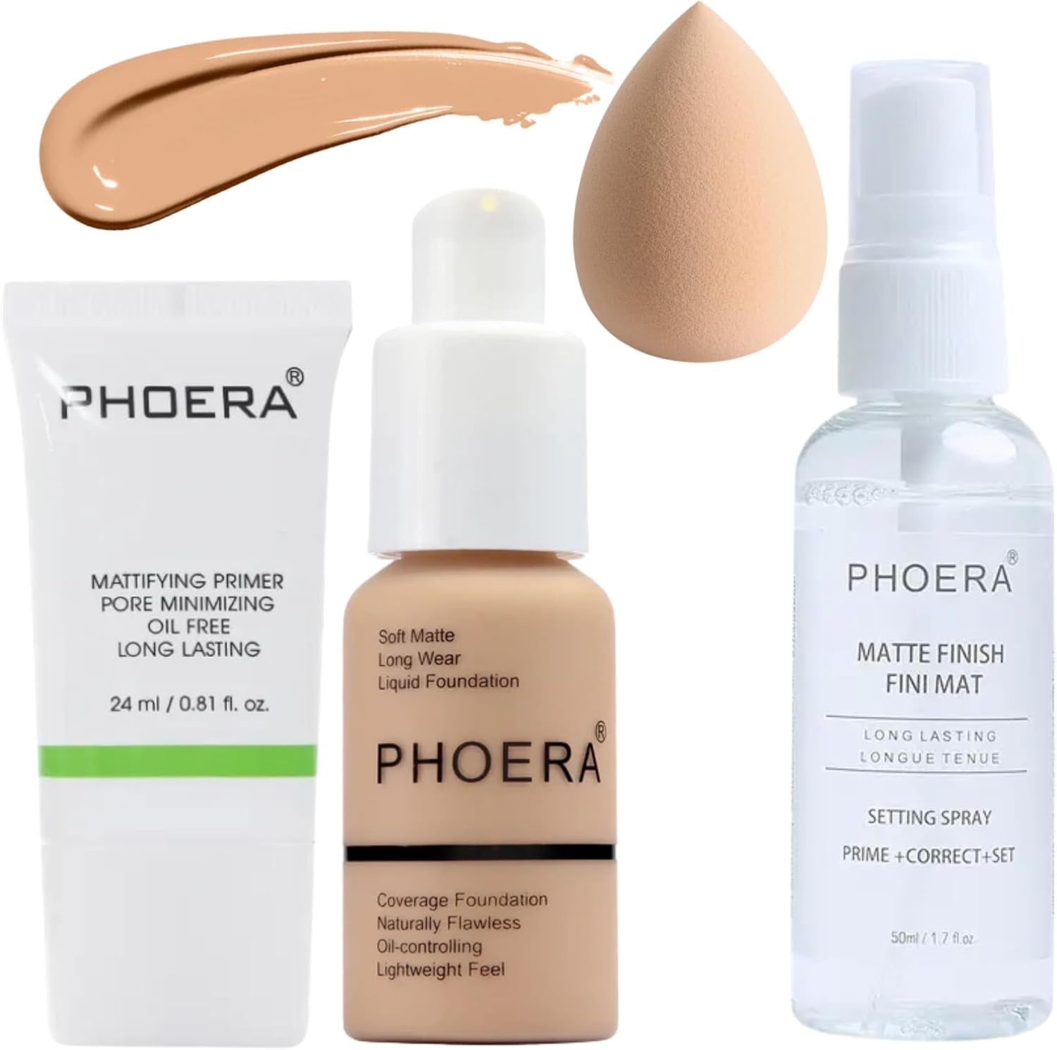 4 Piece Full Coverage Foundation Makeup Set - Pore Minimising Primer, Full Coverage Foundation, Matte Finish Setting Spray and Blending Make-Up Sponge (105 - Sand, 30Ml)