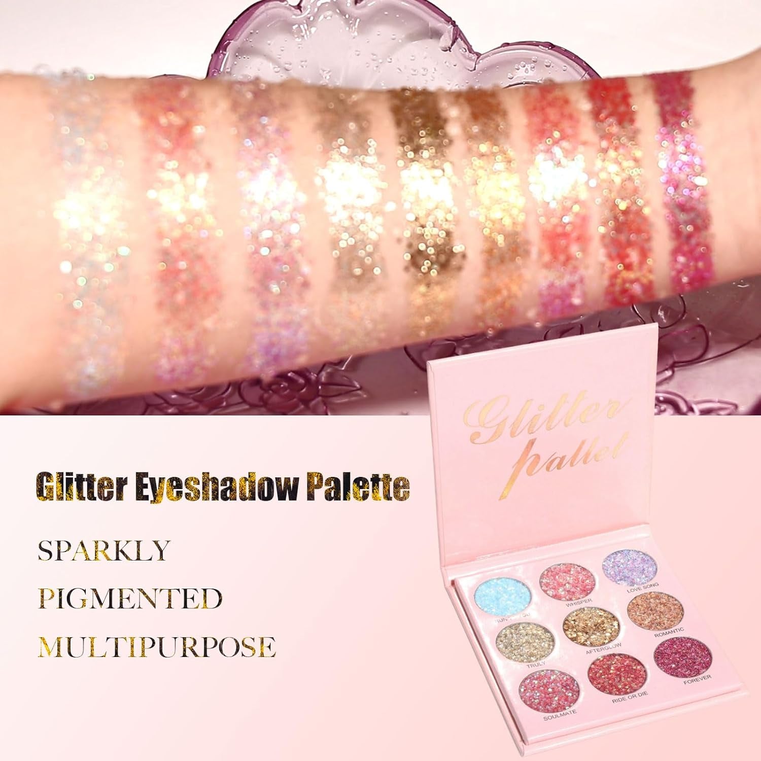 9 Colors Glitter Eyeshadow Palette, Diamond Shine Pressed Pigmented Metallic Shimmery Sparkly Eye Shadow Palette, Long Lasting Waterproof Eye Shadow for Party